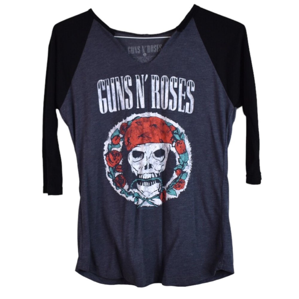 Guns N Roses Shirt L Womens Graphic Print Baseball Tee Gray 3/4 Sleeve V Neck